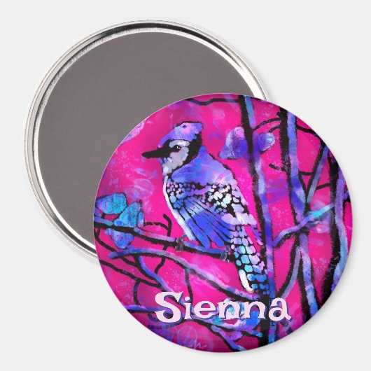 Blue Jay Bird Tree Branch Pink Personalized  Magnet (Vorderseite/Rückseite)
