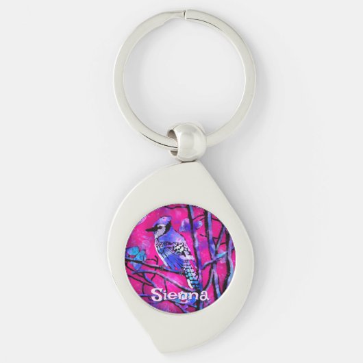 Blue Jay Bird Tree Branch Pink Personalized  Schlüsselanhänger (Vorderseite)