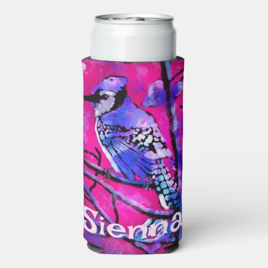 Blue Jay Bird Tree Branch Pink Personalized Selters Dosenkühler (Seltzer Rückseite)