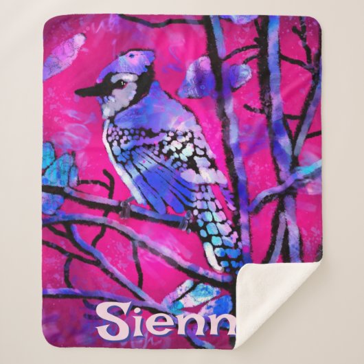 Blue Jay Bird Tree Branch Pink Personalized  Sherpadecke (Vorderseite)