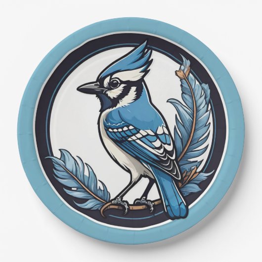 Blue Jay Bird und Feathers Blue Pappteller (Vorderseite)