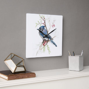 Blue Jay Bird Watercolor Quadratische Wanduhr