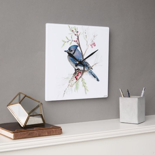 Blue Jay Bird Watercolor Quadratische Wanduhr (Büro)