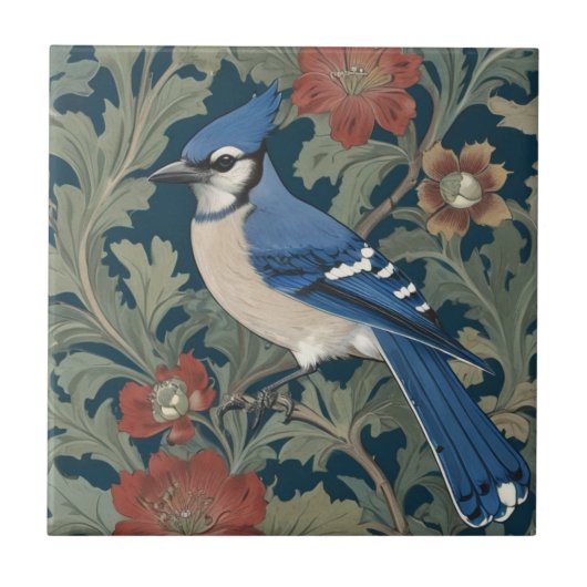 Blue Jay Bird William Morris Stil Verlassen Blue J Fliese (Vorderseite)
