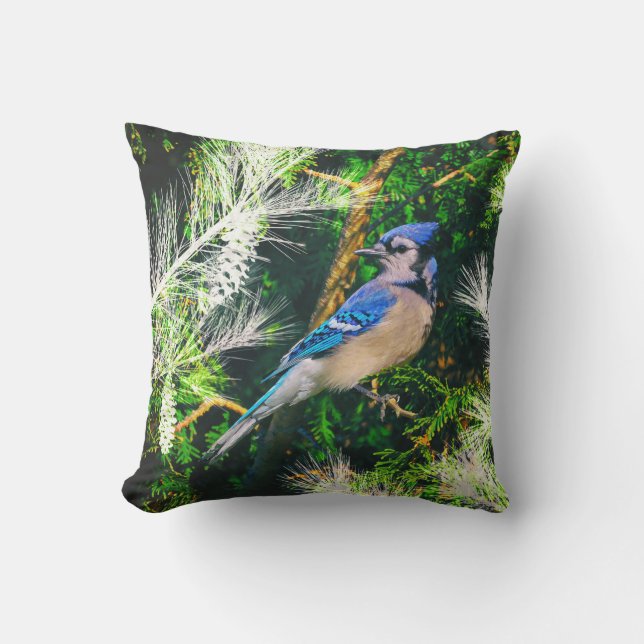 Blue Jay Button Branches Stilisierte Bird Outdoor  Kissen (Vorderseite)