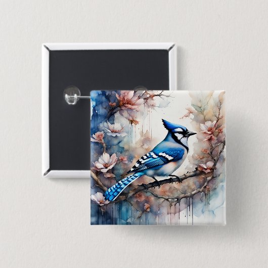Blue Jay Cherry Blüten Wasserfarbe Button (Vorne & Hinten)