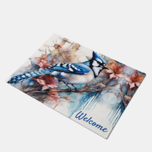 Blue Jay Cherry Blüten Wasserfarbe Fußmatte