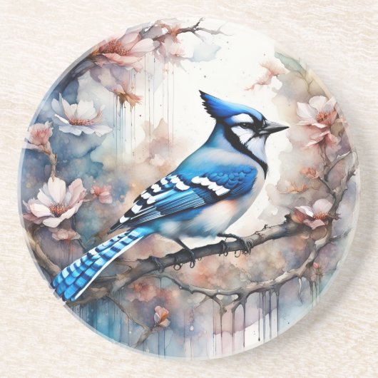 Blue Jay Cherry Blüten Wasserfarbe Getränkeuntersetzer (Vorne)