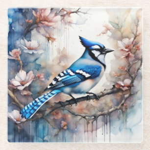 Blue Jay Cherry Blüten Wasserfarbe Glasuntersetzer