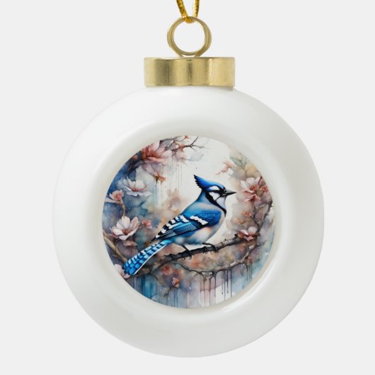 Blue Jay Cherry Blüten Wasserfarbe Keramik Kugel-Ornament (Vorderseite)