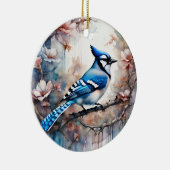 Blue Jay Cherry Blüten Wasserfarbe Keramik Ornament (Rechts)