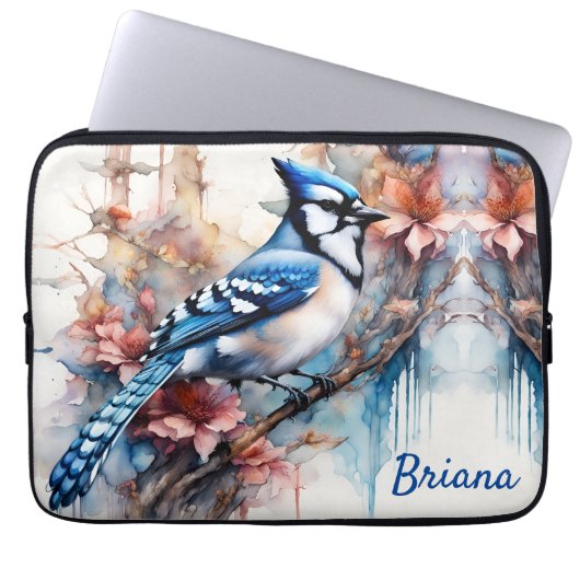 Blue Jay Cherry Blüten Wasserfarbe Laptopschutzhülle (Vorderseite)