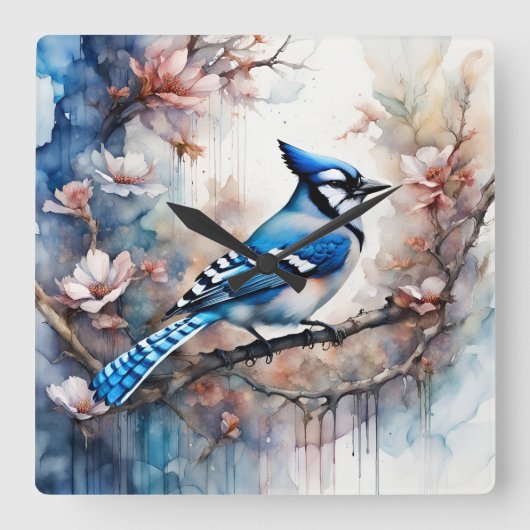 Blue Jay Cherry Blüten Wasserfarbe Quadratische Wanduhr (Vorderseite)