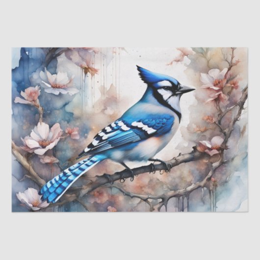 Blue Jay Cherry Blüten Wasserfarbe Seidenpapier (Vorderseite)