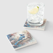 Blue Jay Cherry Blüten Wasserfarbe Steinuntersetzer (Seitenansicht)