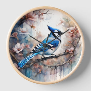 Blue Jay Cherry Blüten Wasserfarbe Uhr
