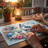 Blue Jay Cottage Garden Fence Scene Puzzle