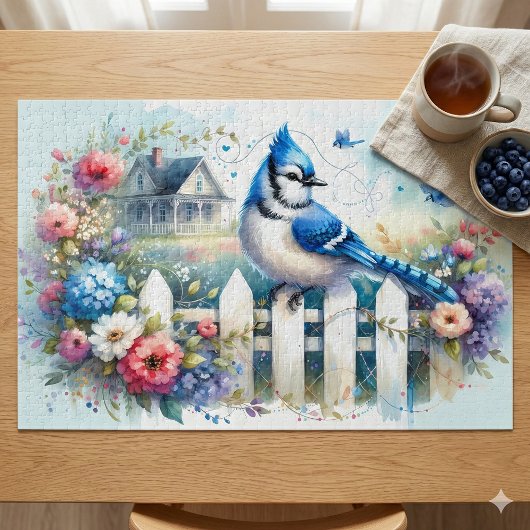 Blue Jay Cottage Garden Fence Scene Puzzle