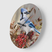 Blue Jay in Nandina Himmlisch Bamboo Große Wanduhr (Winkel)