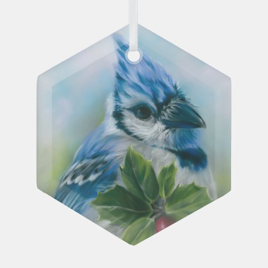 Blue Jay mit Holly Pastel Art Ornament Aus Glas (Vorderseite)