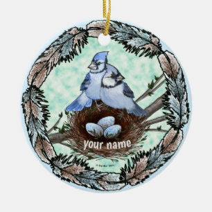 Blue Jay Nest Keramik Ornament