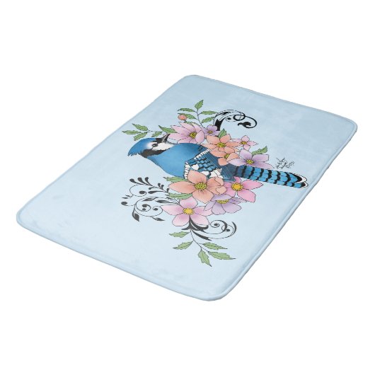 Blue Jay Spring Blumen Badematte (Schrägansicht)