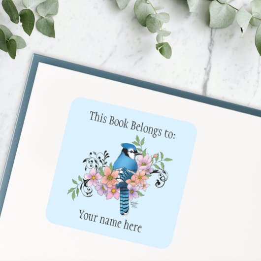 Blue Jay Spring Blumen Buchzeichen Quadratischer Aufkleber