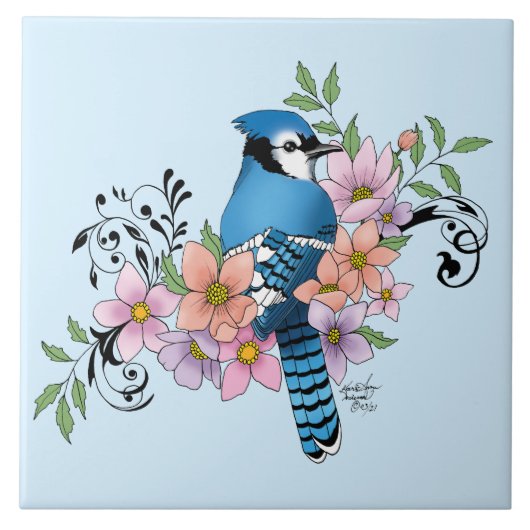 Blue Jay Spring Blumen Fliese (Vorderseite)