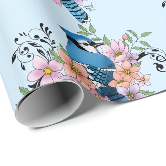 Blue Jay Spring Blumen Geschenkpapier (Rolleneckpunkt)