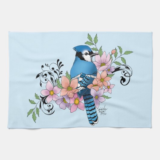 Blue Jay Spring Blumen Geschirrtuch (Horizontal)