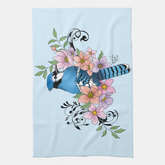 Blue Jay Spring Blumen Geschirrtuch (Vertikal)