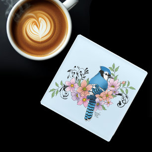 Blue Jay Spring Blumen Glasuntersetzer
