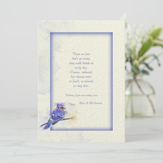 Blue Jay Sympathy Card Einladung (Stehend Vorderseite)