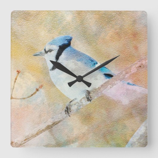 Blue Jay Watercolor Wall Clock Design Quadratische Wanduhr (Vorderseite)