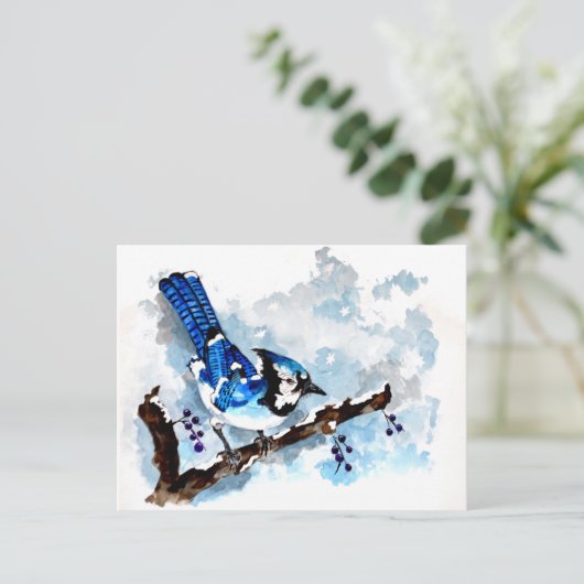 Blue Jay Winter Postkarte (Stehend Vorderseite)