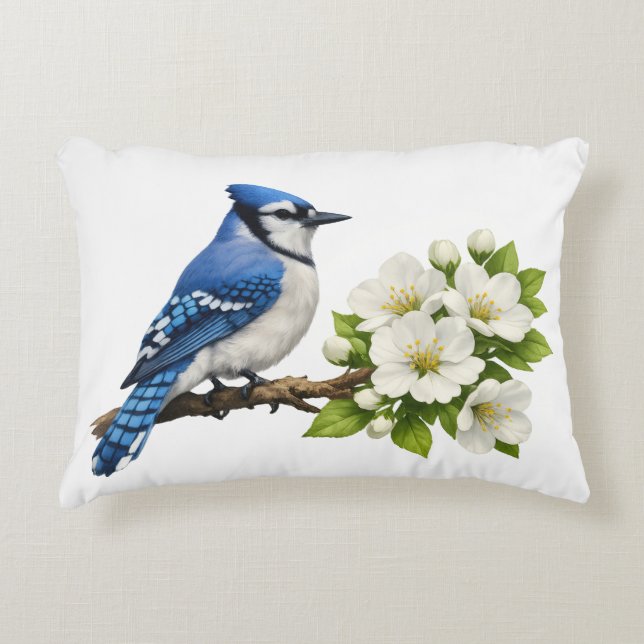 Blue Jay with White Blossoms Dekokissen (Vorderseite)