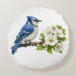 Blue Jay with White Blossoms Rundes Kissen