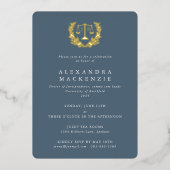 Blue JD Law Scales+Laurel Wreath Graduation Party Folieneinladung (Vorderseite)