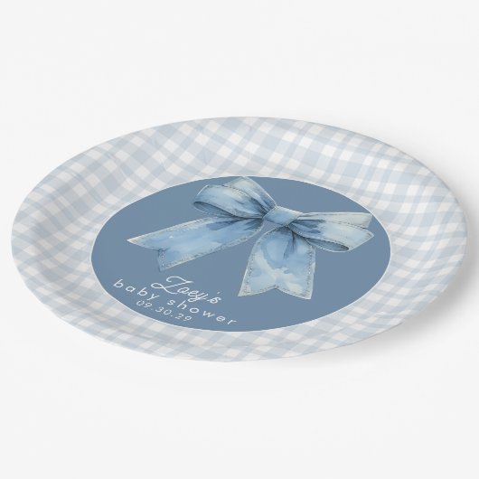 Blue Jean Baby Boy Baby Shower Gingham  Paper Plat Pappteller (Schrägansicht)
