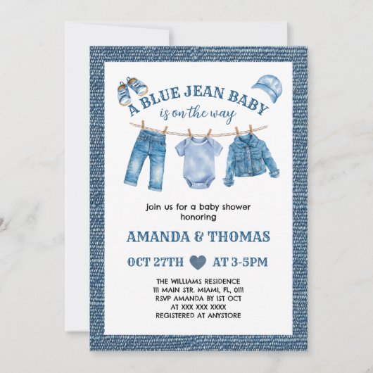 Blue Jean Baby Boy Shower Einladung (Vorderseite)