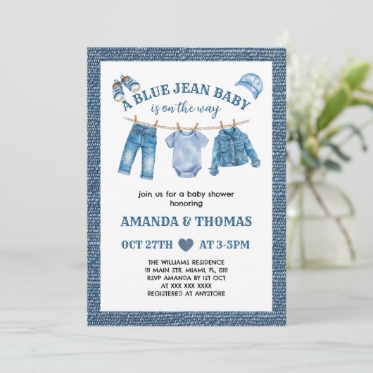 Blue Jean Baby Boy Shower Einladung (Stehend Vorderseite)