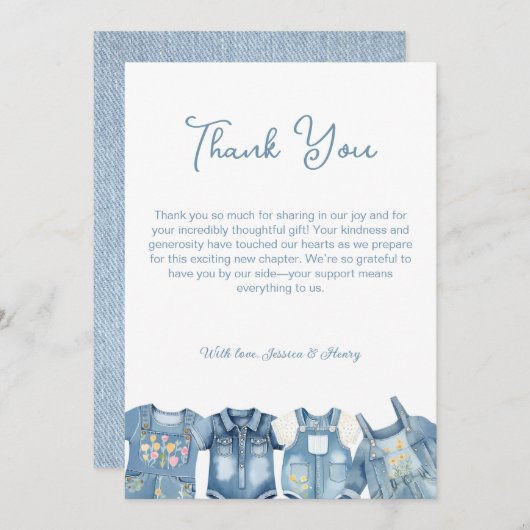 Blue Jean Baby Denim Jumpsuit Baby Shower Dankeskarte (Vorne/Hinten)