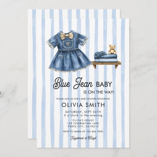 Blue Jean Baby Girl Denim Baby Shower Invitation Einladung (Vorne/Hinten)