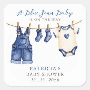 Blue Jean Baby ist auf dem Weg Jungen-Baby-Party Quadratischer Aufkleber