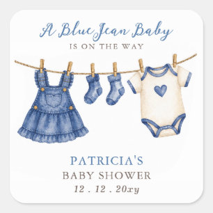 Blue Jean Baby ist auf dem Weg Mädchen-Baby-Party Quadratischer Aufkleber