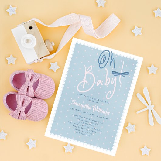 Blue Jean Baby Pink Dots Denim Girl Baby Shower Einladung