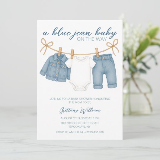 Blue Jean Baby Shower Einladung für Jungen (Stehend Vorderseite)