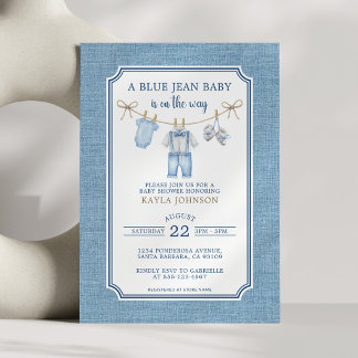 Blue Jean Baby Shower Watercolor Clothesline Einladung