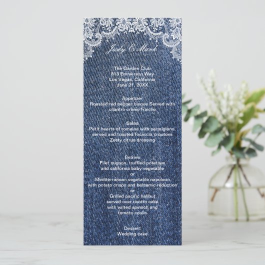 Blue Jean Denim and Lace Wedding Menu Card Menükarte (Stehend Vorderseite)