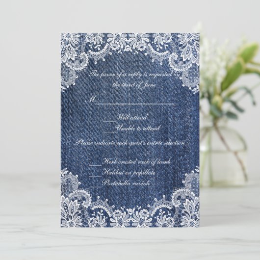 Blue Jean Denim and Lace Wedding Response Card Einladung (Stehend Vorderseite)